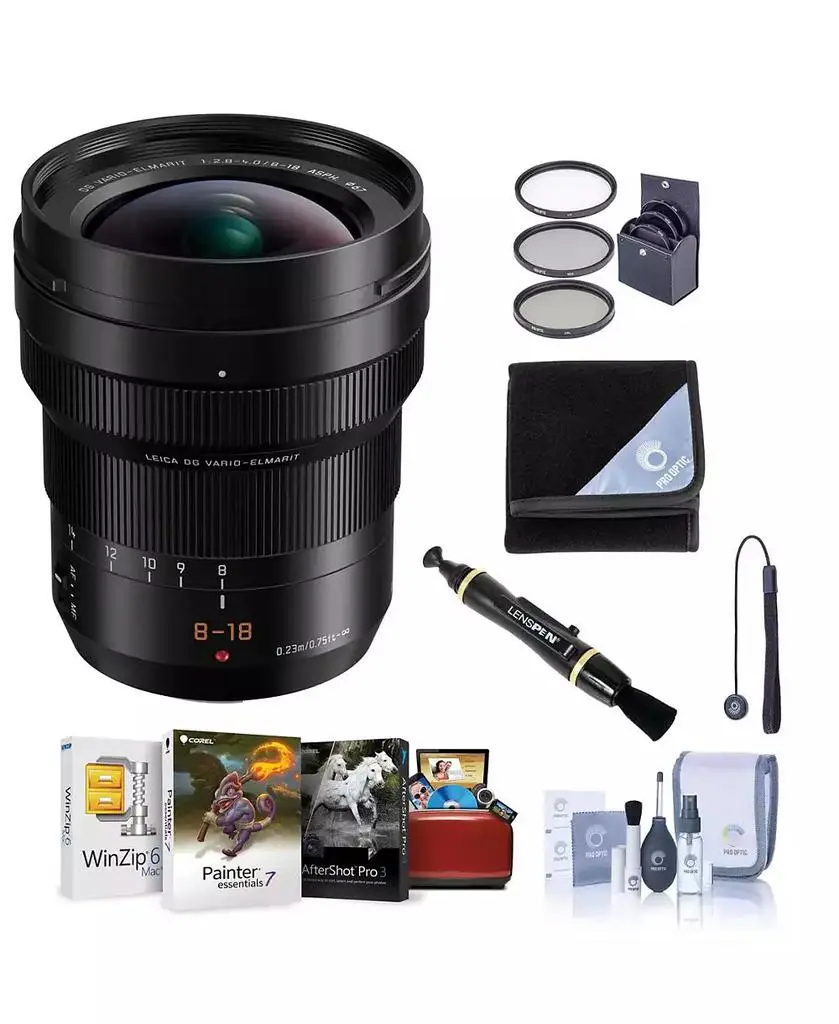Panasonic LUMIX G Leica DG Vario-Elmarit 8-18mm f/2.8-4 Aspherical Lens for Micro Four Thirds, Bundle w/67mm Filter Kit, Cleaning Kit, Lens Wrap, Lens