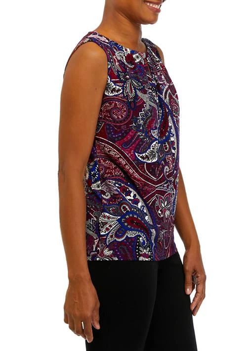 Kasper Womens Sleeveless Pleat Neck Paisley Print Top 3