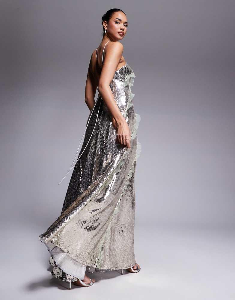 ASOS ASOS DESIGN halter neck sequin maxi dress in silver sequin with mesh  ruffle inserts in silver - Dresses \u0026 Skirts - Compare Prices from 6+ Stores  - Free Shipping - BeyondStyle