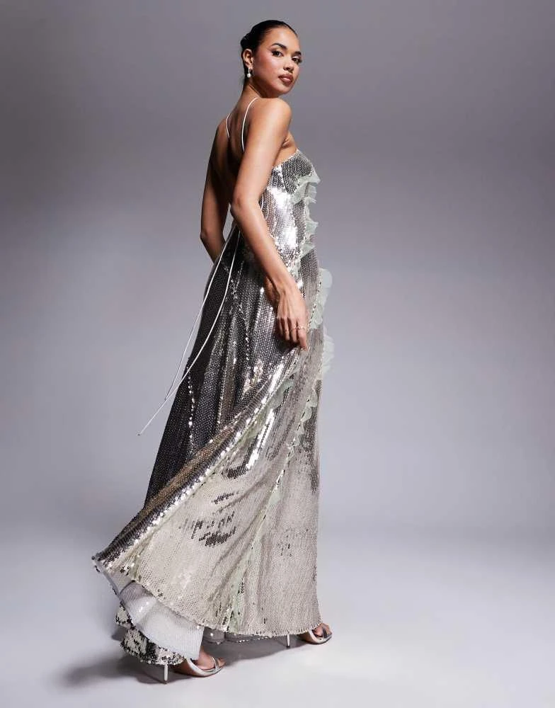 ASOS ASOS DESIGN halter neck sequin maxi dress in silver sequin with mesh ruffle inserts in silver 3