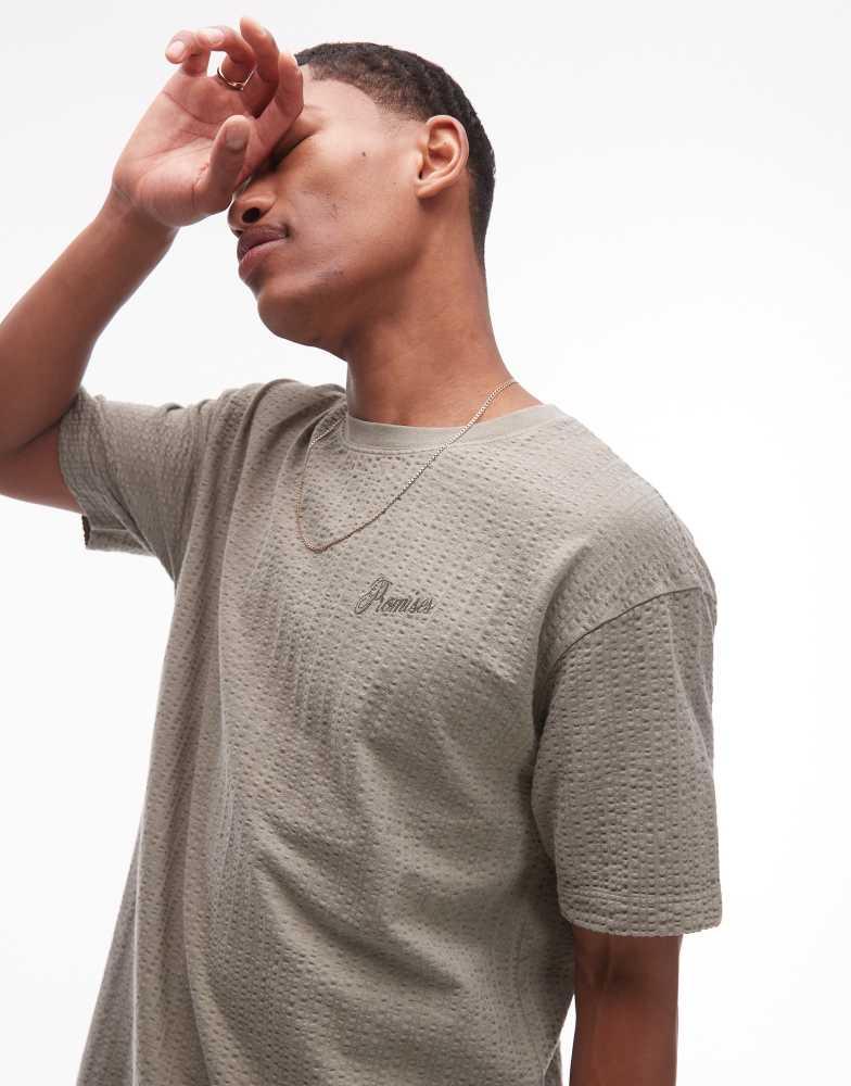 Topman Topman oversized fit seersucker t-shirt with promises embroidery in khaki