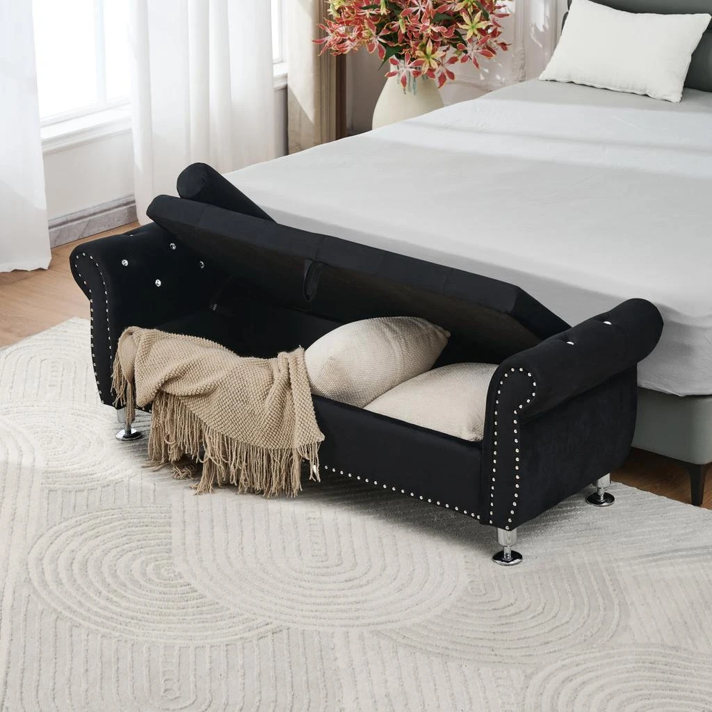 Streamdale Furniture Streamdale Soft Velvet Storage Bench with Crystal Buttons 
Pillow (Black) 3