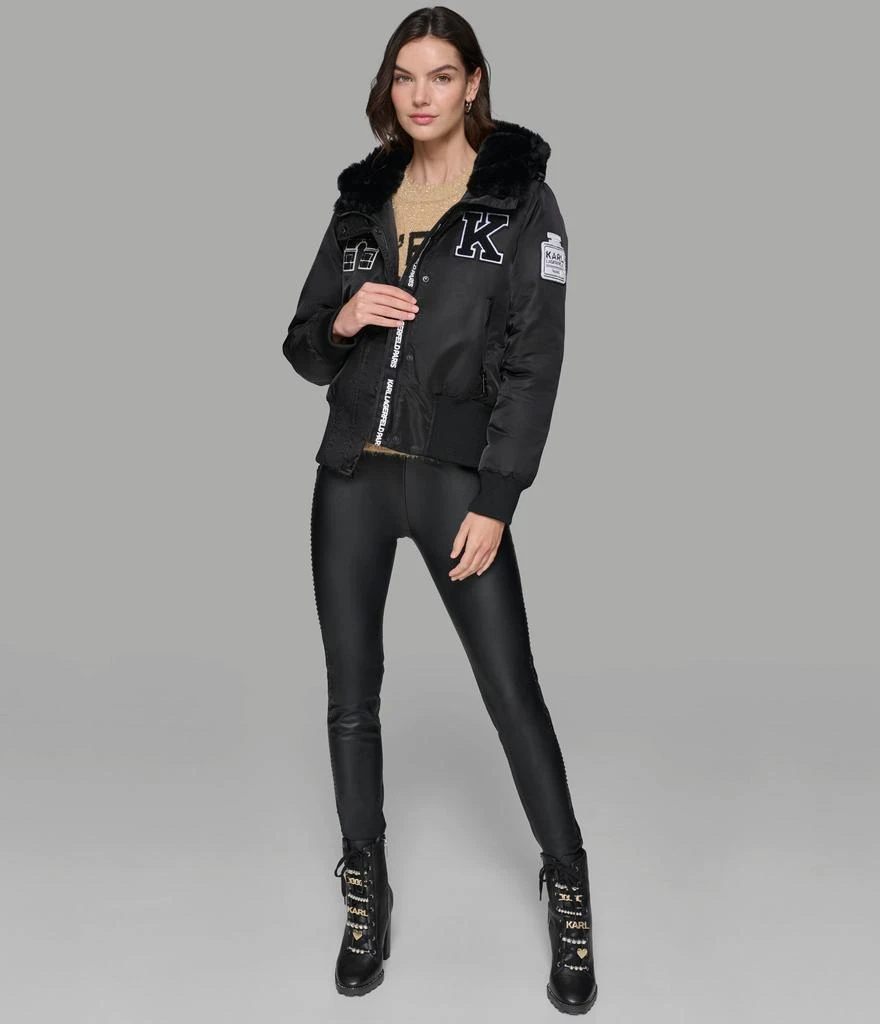 Karl Lagerfeld Paris PATCH FUR HOOD BOMBER JACKET 5