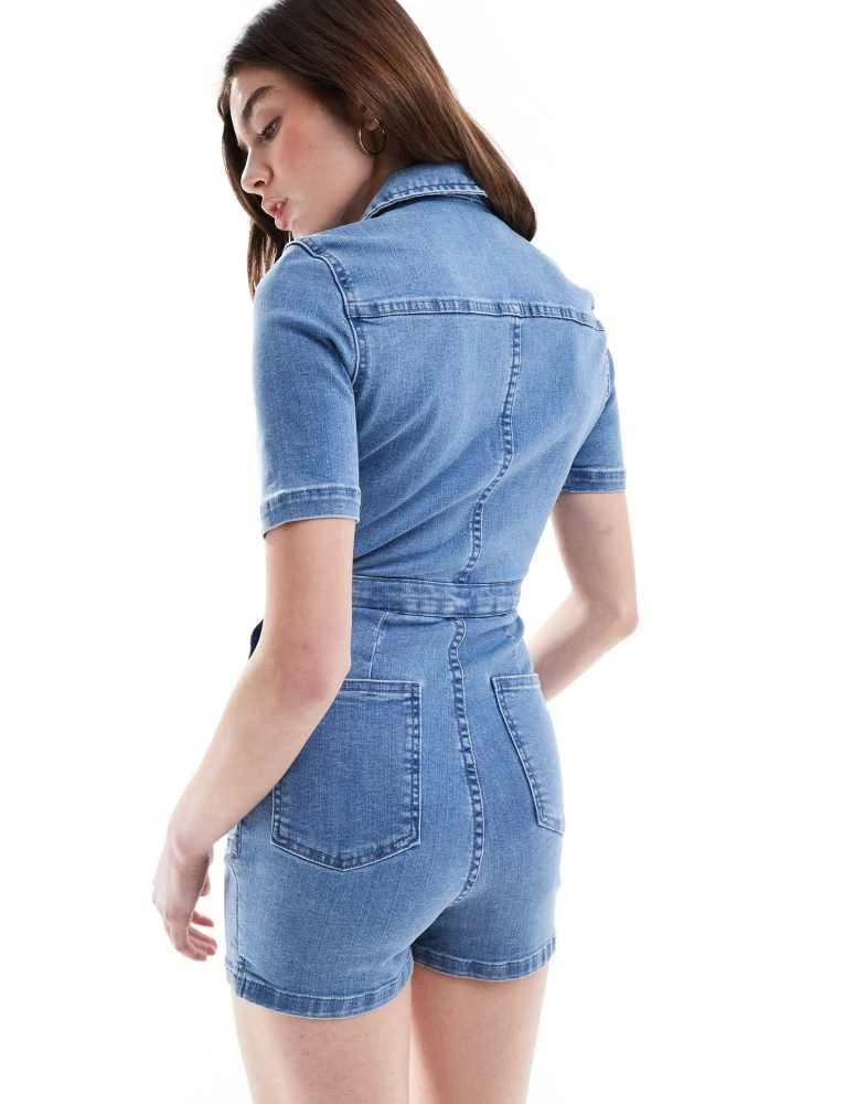 ASOS ASOS DESIGN denim short sleeve playsuit with zip through in midwash blue 4