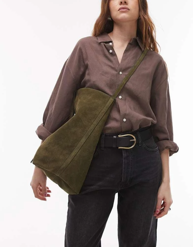 Shop Topshop Luna real suede leather tote bag in olive on Sale at