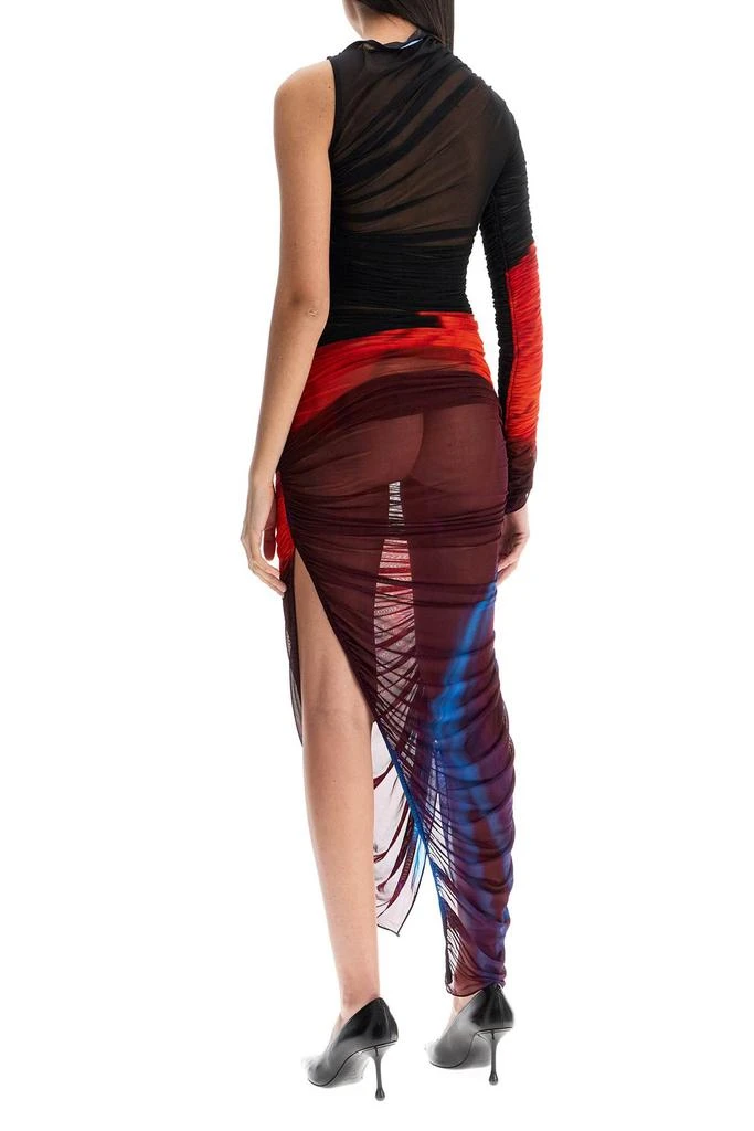 Mugler asymmetrical pleated floral dress in blue and red slim fit long sleeve 3