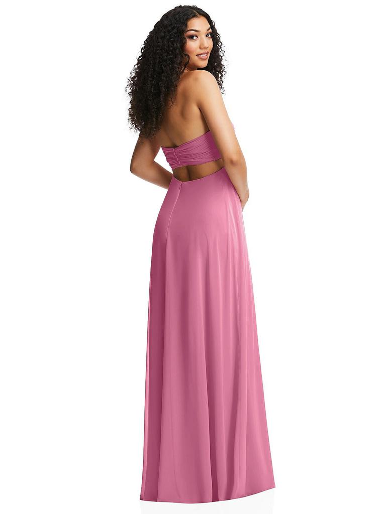 Dessy Collection Strapless Empire Waist Cutout Maxi Dress with Covered Button Detail