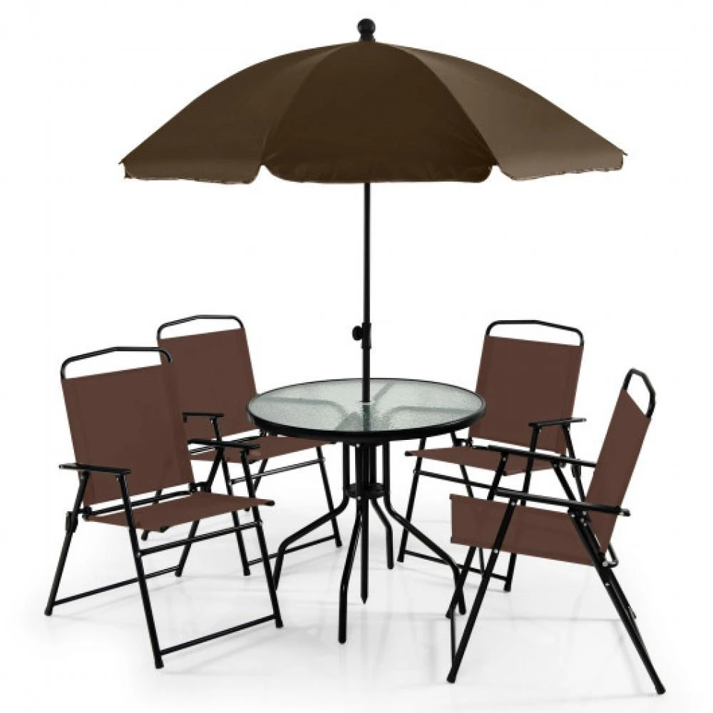 Hivvago 6 Pieces Patio Dining Set Folding Chairs Glass Table Tilt Umbrella for Garden-Coffee 3