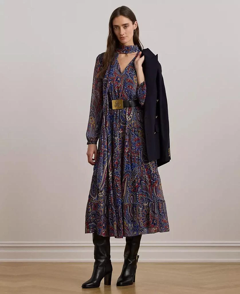 Ralph Lauren Women's Paisley Chiffon Tiered Tie-Neck Dress 1