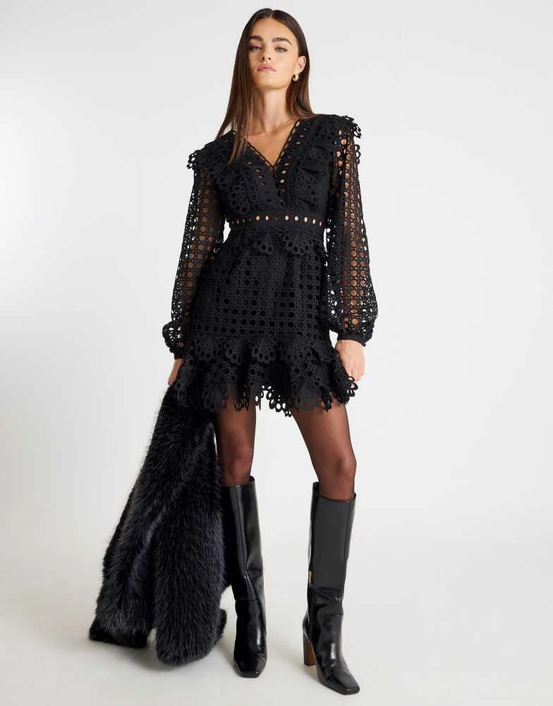 river island black long sleeve dress River Island Long sleeve lace mini dress in black