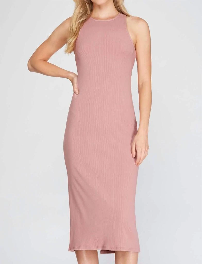 SHE + SKY The Delilah Dress: Cross Back Ribbed Knit Bodycon Midi Dress In Dusty Rose - Dusty Rose - Small