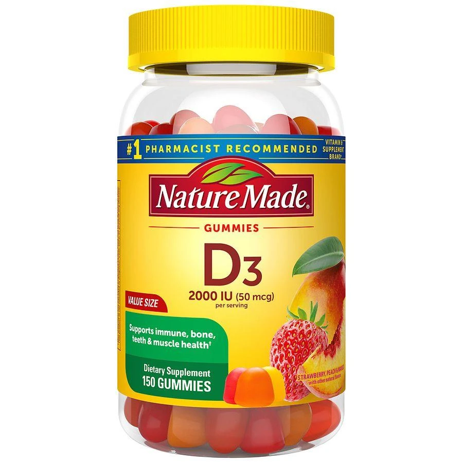 Nature Made Vitamin D3 2000 IU (50 mcg) Per Serving Gummies Strawberry, Peach 
Mango