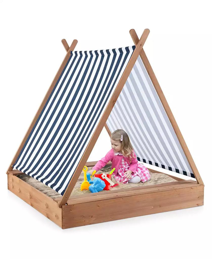 Costway Wooden Sandbox with Canopy Tent Design Fir Wood Frame 2 Bench Seats Bottom