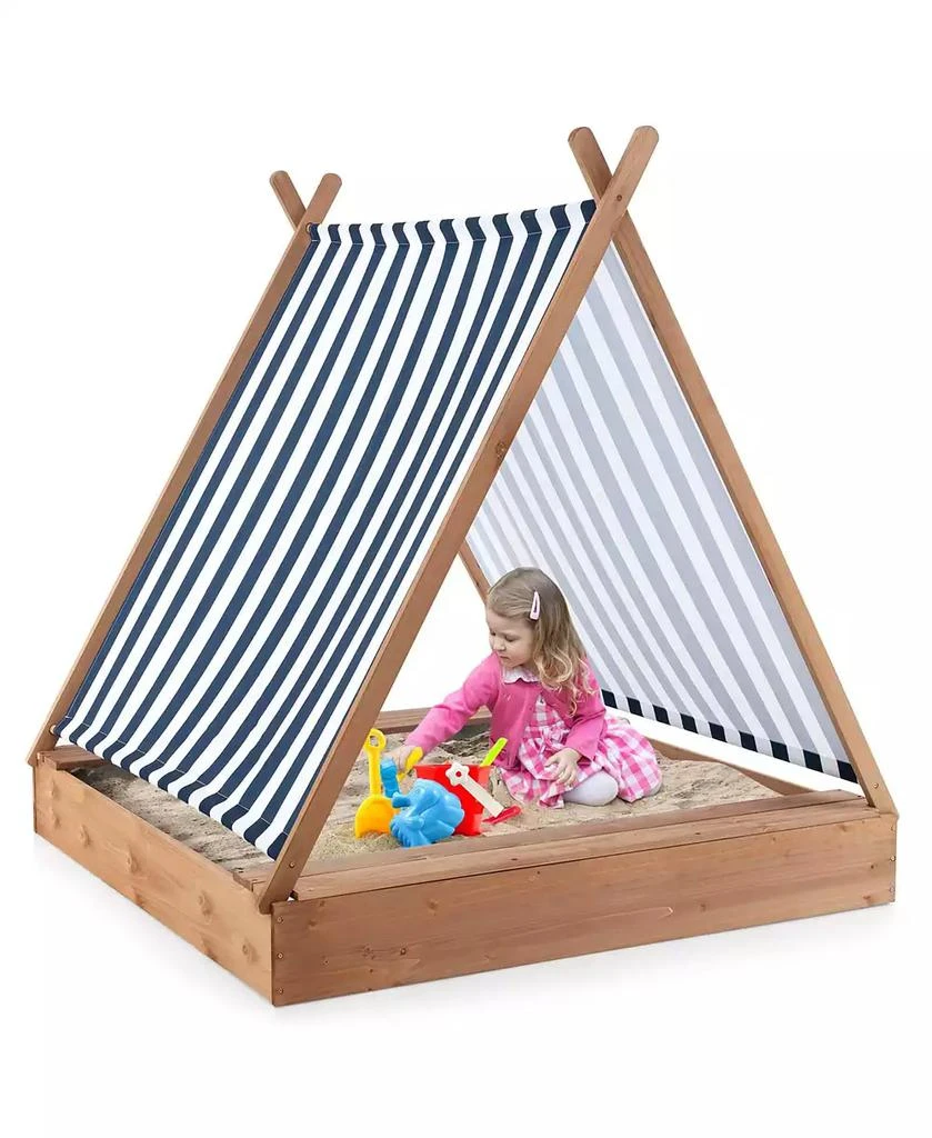 Costway Wooden Sandbox with Canopy Tent Design Fir Wood Frame 2 Bench Seats Bottom 1