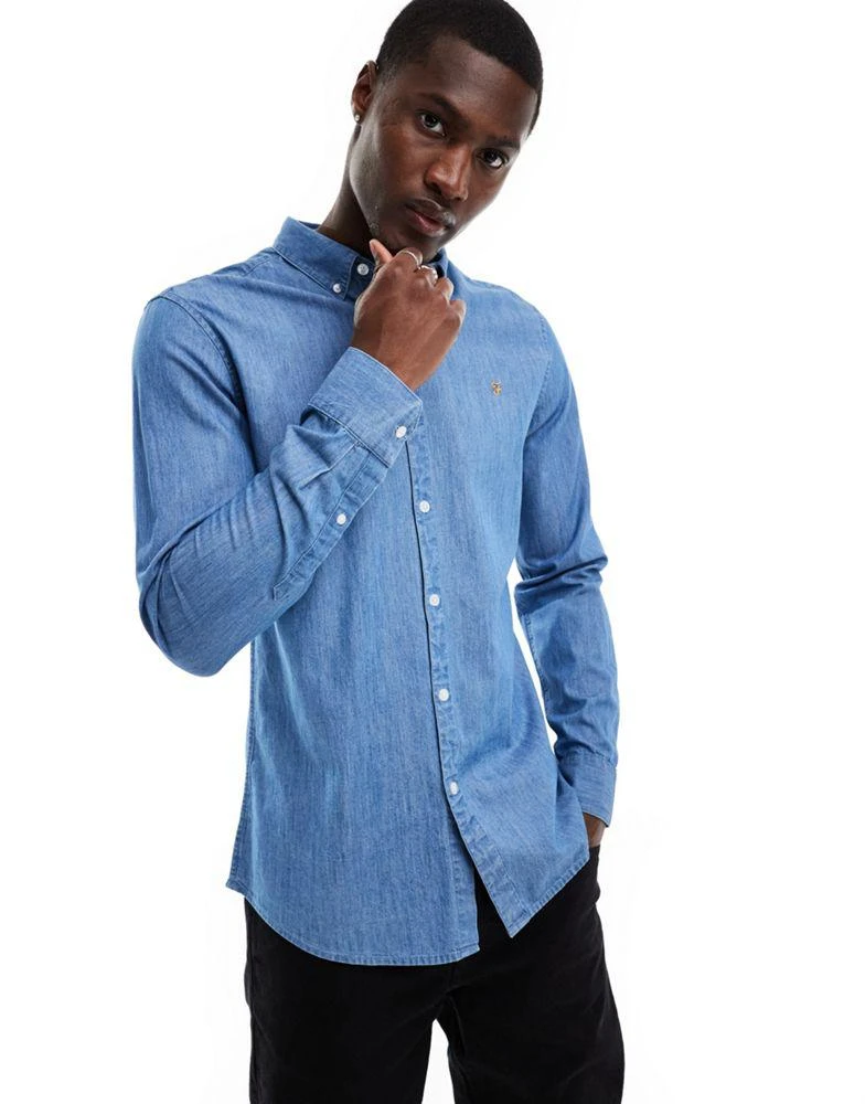 Farah Farah Brewer slim fit denim long sleeve shirt in blue 1