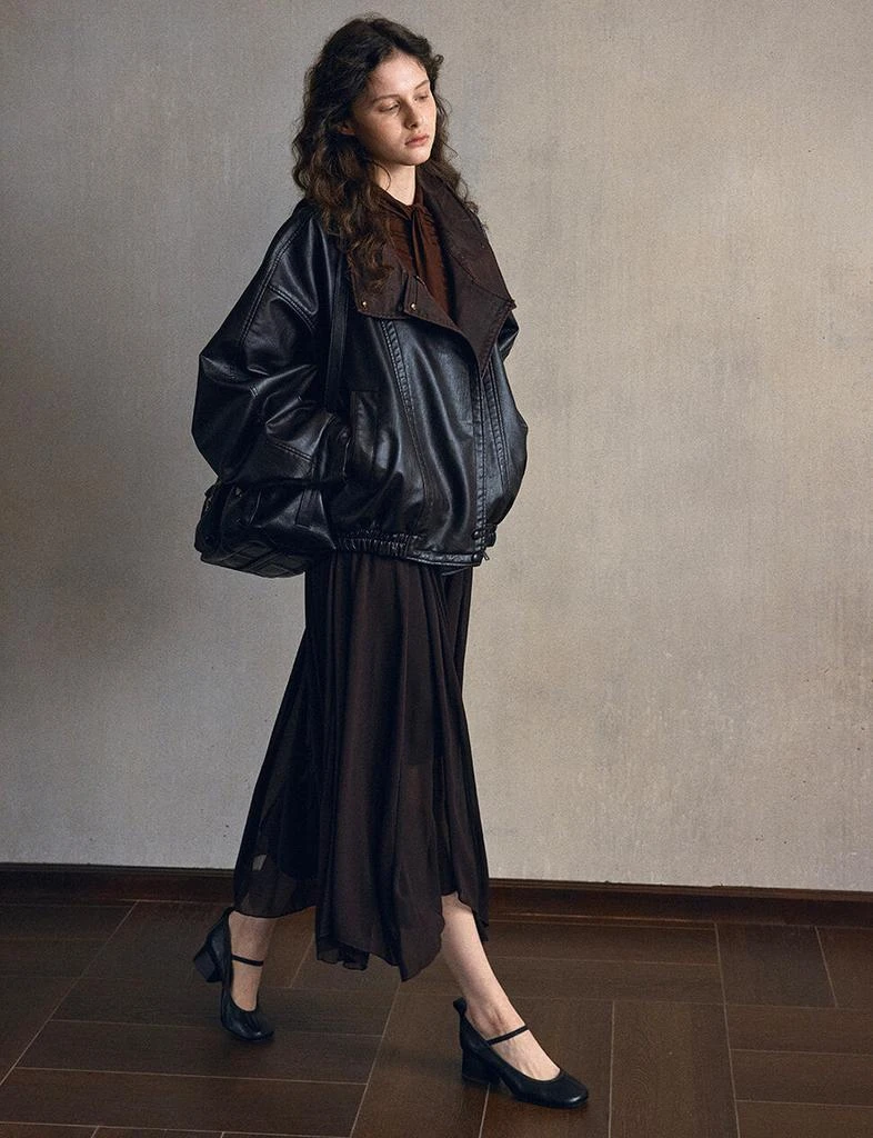 Pixie Market Black Leather Brown Funnel Neck Bomber Jacket-PREORDER 5