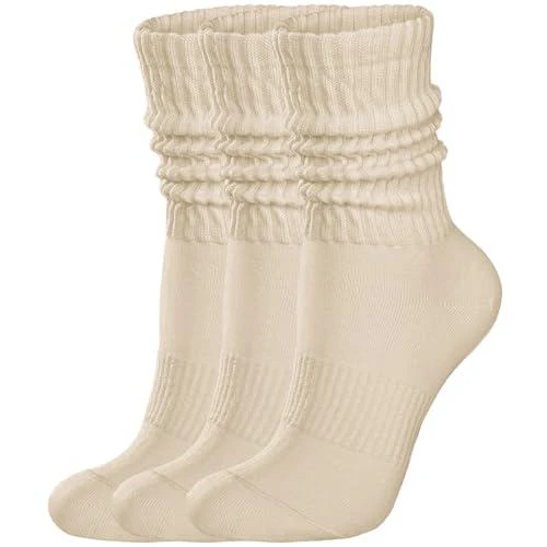 COZYOFFI Womens Scrunch Crew Socks: Retro Solid Slouch Mid Calf Socks - Cotton Casual Athletic Socks