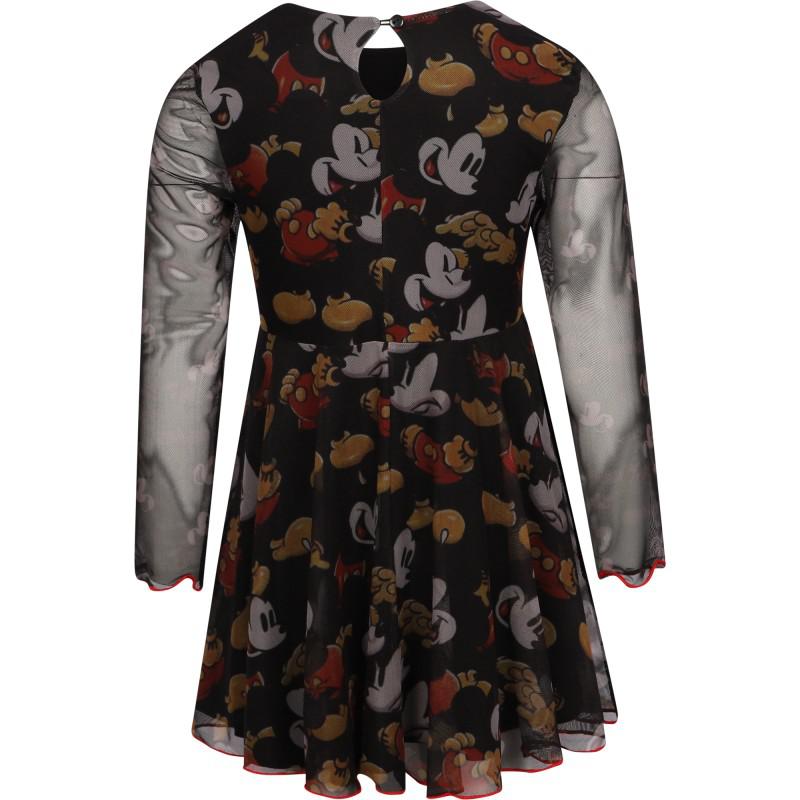 Desigual Mickey mouse print long sleeved tulle dress in black