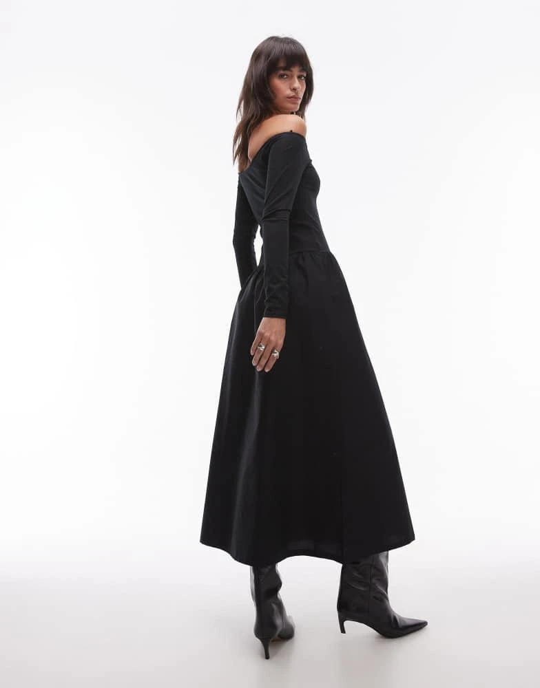 Mango Mango bardot drop waist midi dress in black 2