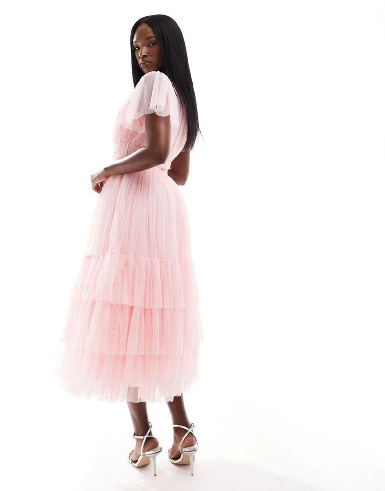 Lace & Beads Lace & Beads Bridesmaid Madison v neck tulle midi dress in soft pink 2