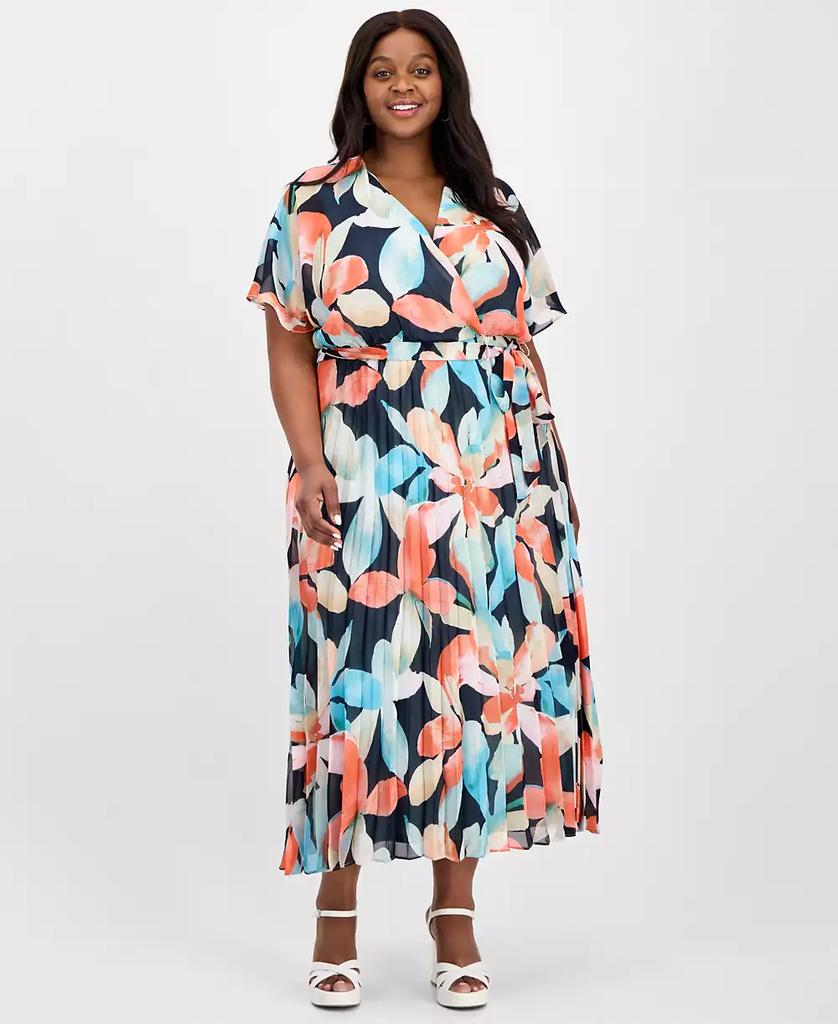 Sandra Darren Plus Size V-Neck Belted Pleated Maxi Dress