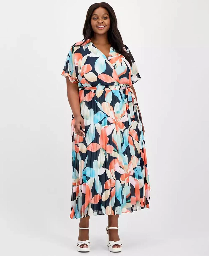 Sandra Darren Plus Size V-Neck Belted Pleated Maxi Dress 1