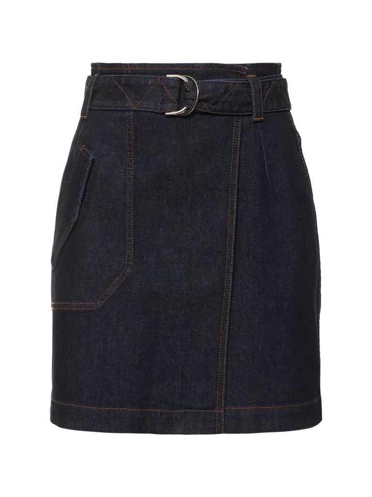 FERRARI Pleated Belted Denim Mini Wrap Skirt