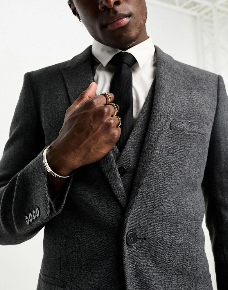 ASOS ASOS DESIGN super skinny wool mix suit jacket in herringbone in charcoal 5
