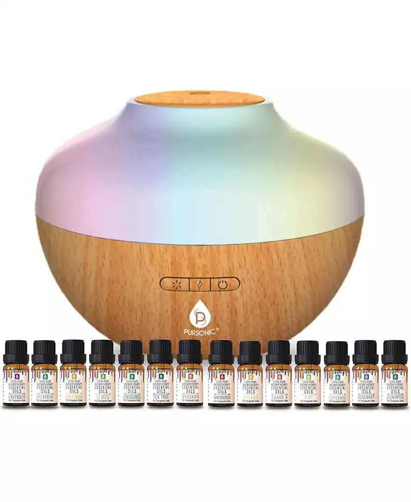PURSONIC Aromatherapy Diffuser & Essential Oil Set-Ultrasonic Top 14 Oils-300ml with 2 Mist Settings 7 Ambient Light Settings--Therapeutic Grade Oils