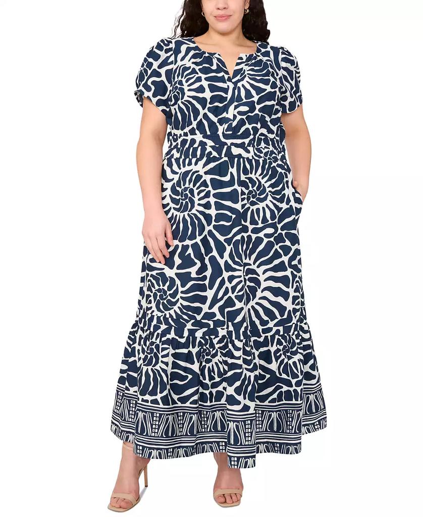 MSK Plus Size Printed Split-Neck Tiered Cotton Maxi Dress