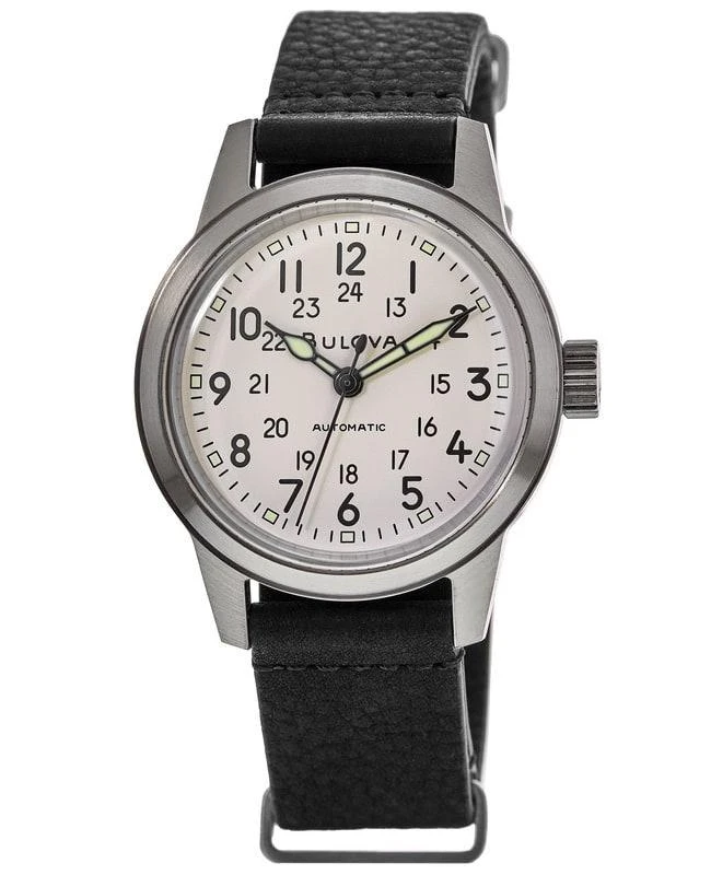 Bulova Bulova Hack Automatic Ivory Dial Black Leather Strap Men's Watch 96A246 1