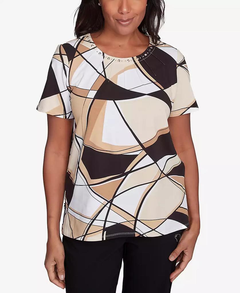 Alfred Dunner Petite  Geometric Top with Detailed Neckline