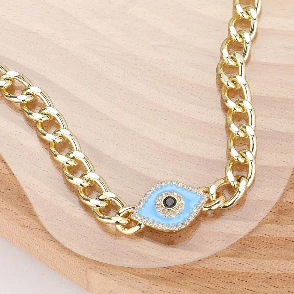 FASHNZFAB 14K Gold Plated CZ Stone Paved Enamel Evil Eye Pendant Pointed Cuban Chain Necklace