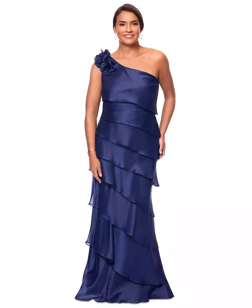 XSCAPE Petite One-Shoulder Tiered Satin Gown 1