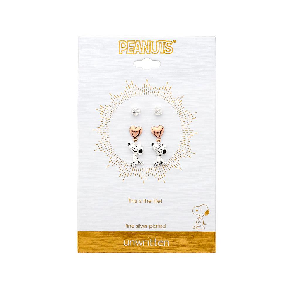 Peanuts Unwritten Three Pair Silver Plated Snoopy Earring Set with Rose Gold Heart and CZ Bezel Stud