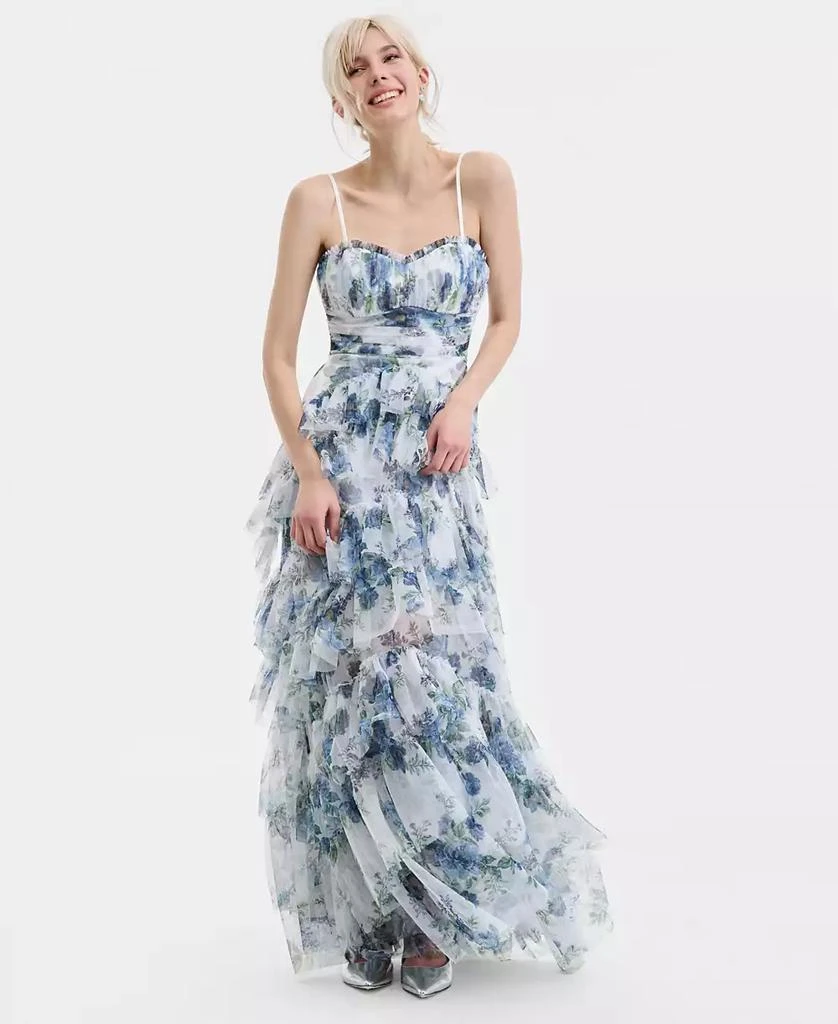 pear culture Juniors
Tiered Floral-Print Mesh Gown