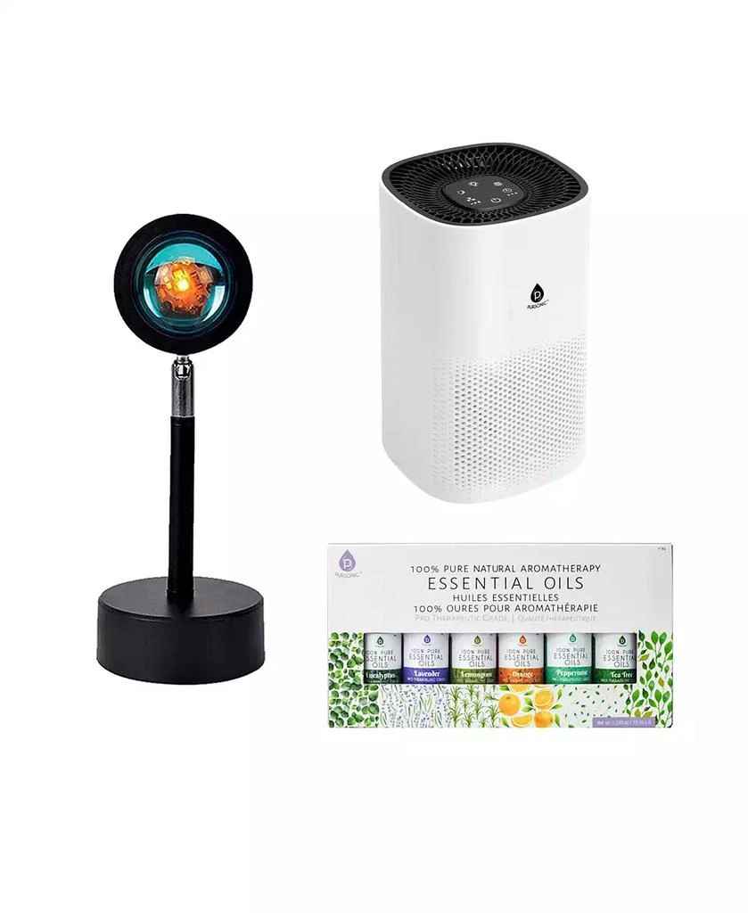 PURSONIC Home Wellness Bundle – True HEPA Air Purifier, Sunset Projector Lamp & 6-Pack Essential Oils