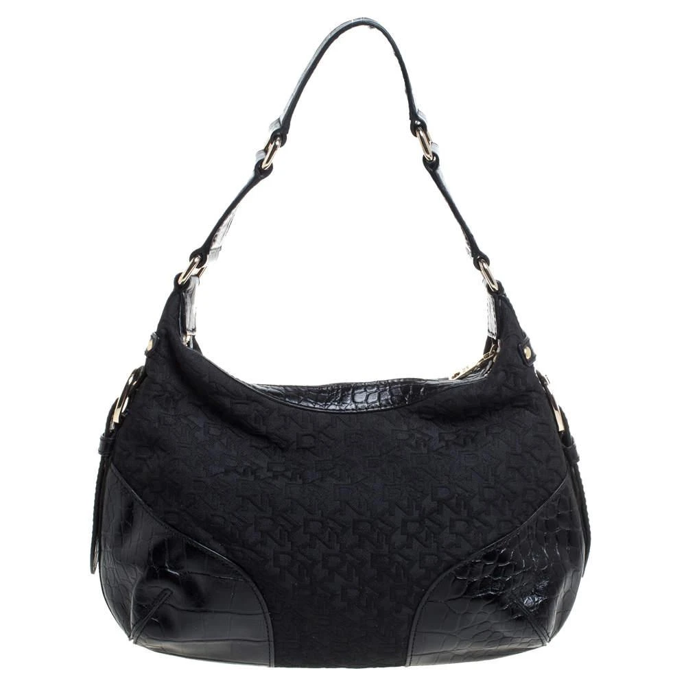 DKNY Dkny Black Signature Canvas and Croc Embossed Leather Buckle Hobo 4