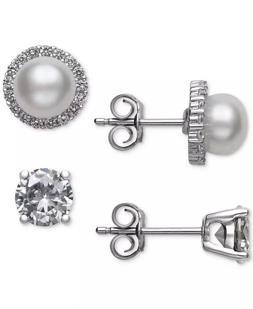 Belle de Mer 2-Pc. Set Cultured Freshwater Pearl (6mm) & Cubic Zirconia Stud Earrings in Sterling Silver, Created for Macy's 1