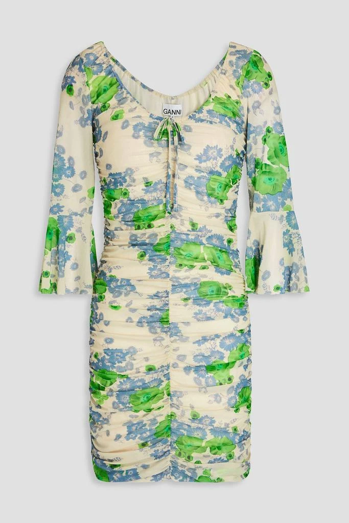 Ganni Ruched floral-print mesh mini dress