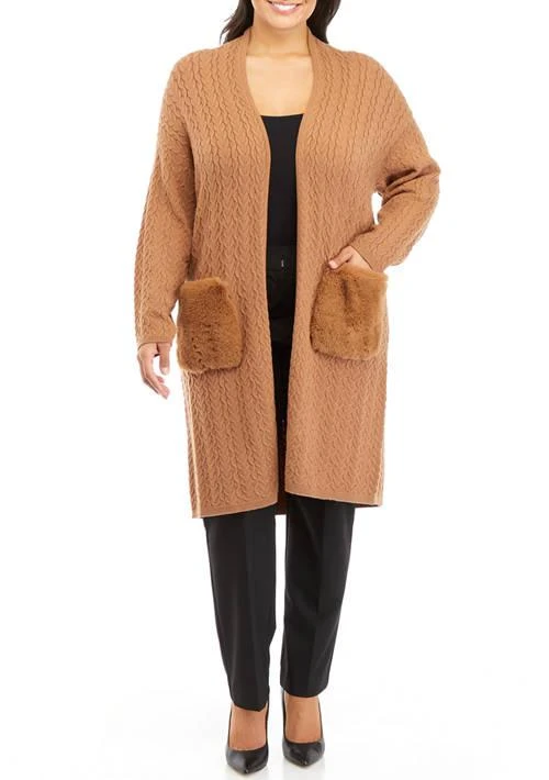 philosophy Plus Size Long Sleeve Cable Cardigan With Fur Pockets 1