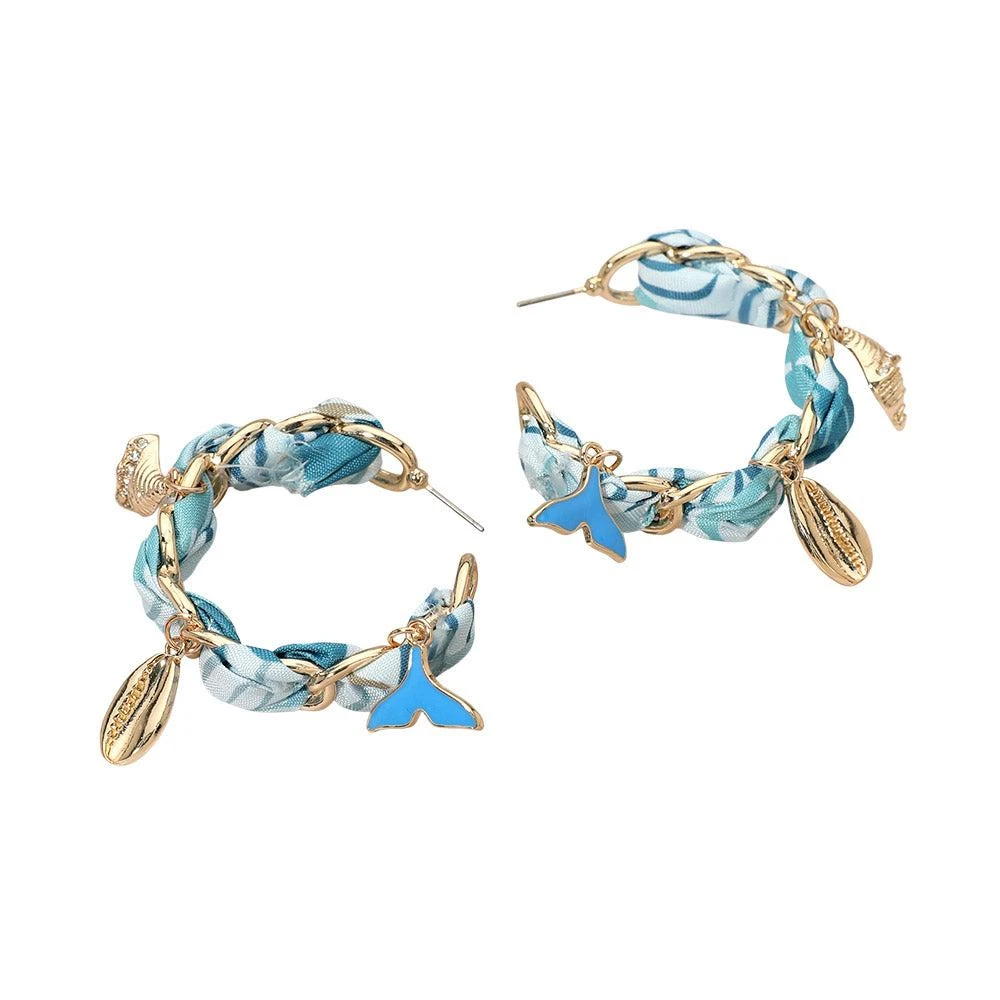 FASHNZFAB Shell Whale Tale Charm Fabric Scarf Hoop Earrings 2