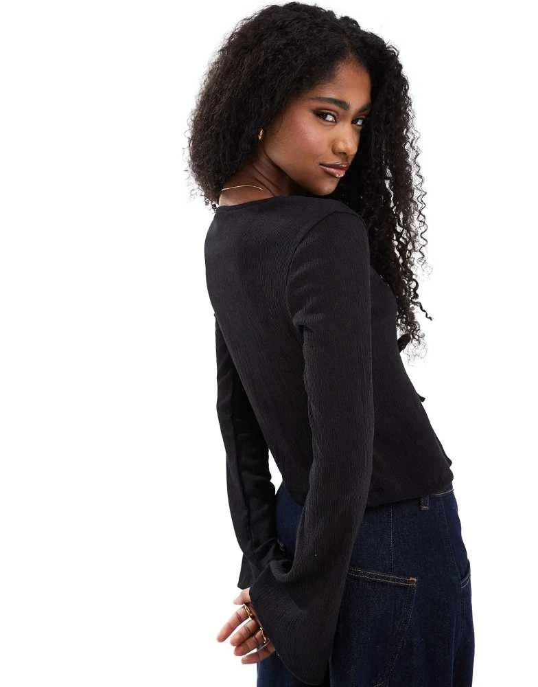 ASOS ASOS DESIGN texture tie front top with flute sleeve in black 2