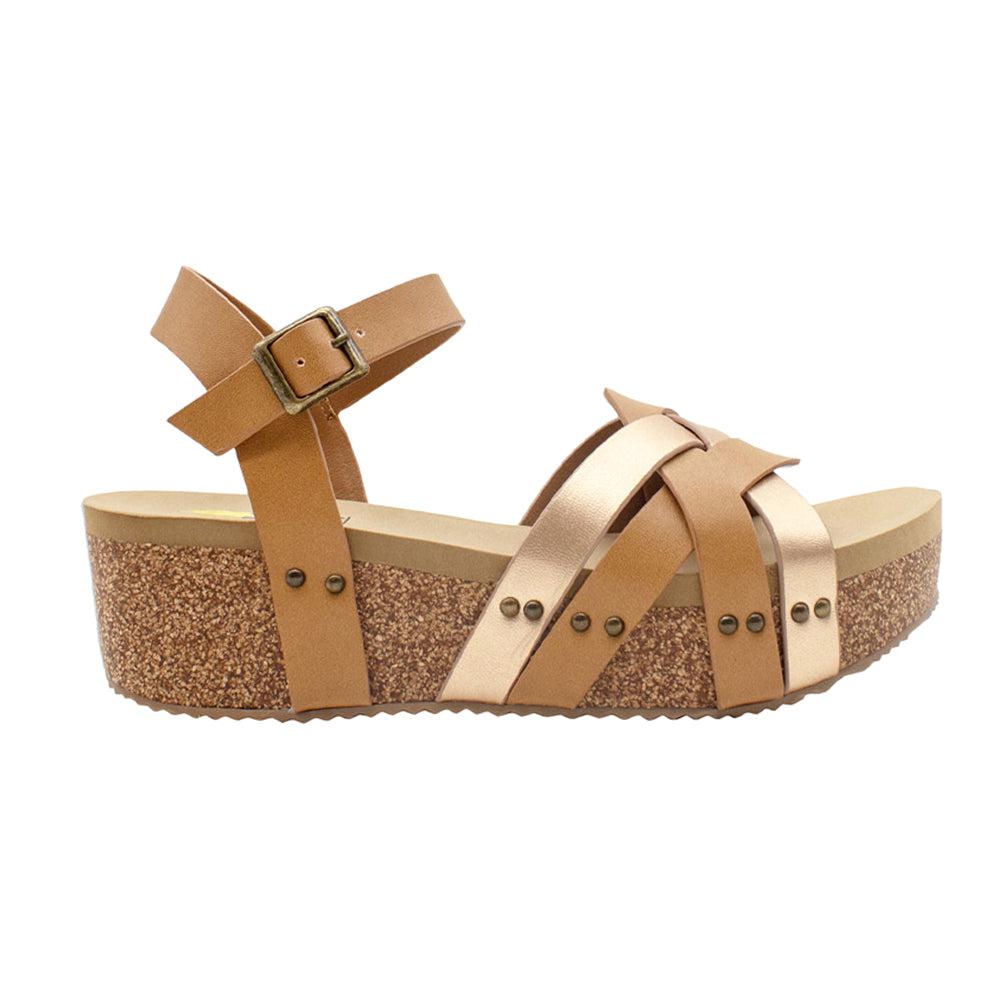 VOLATILE Edna Cork Metallic Wedge Sandals