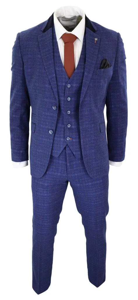 House Of Cavani Kaiser Blue Tweed Check 3 Piece Suit Classic 2