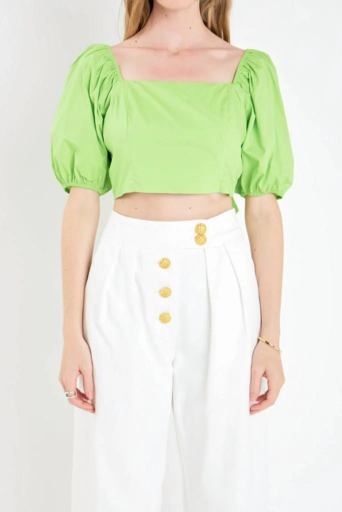 English Factory Puff Sleeve Top With Back Bow In Green 1