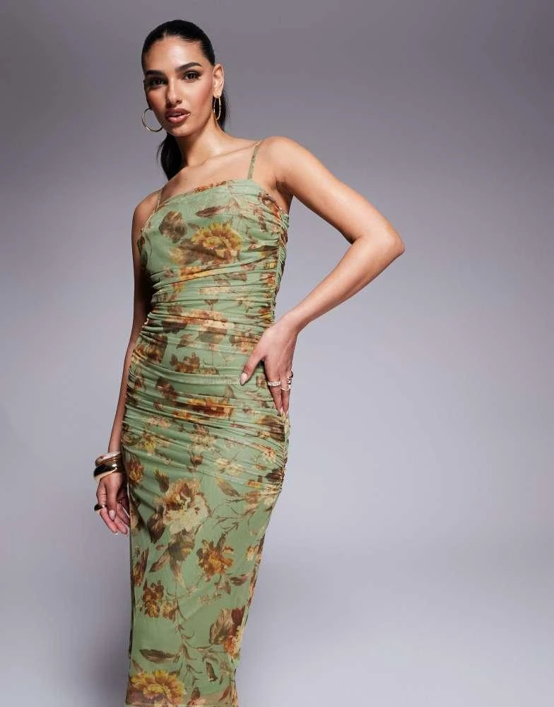 Lulu's Lulus ruched mesh midi dress in sage floral 1