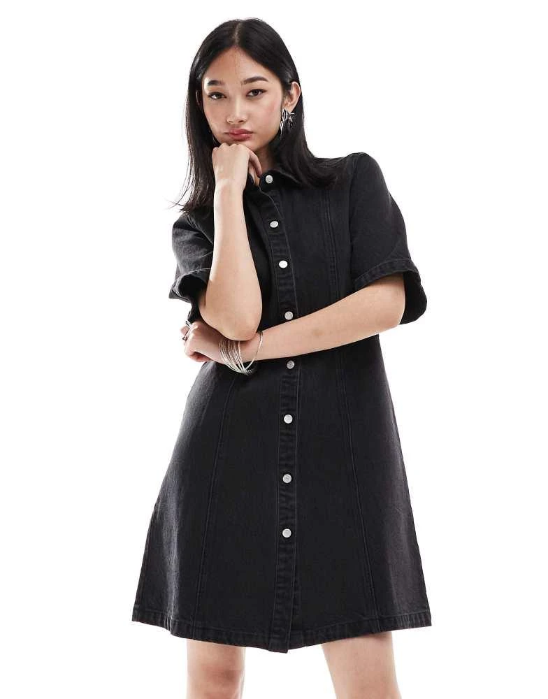 Monki Monki denim mini shirt dress in washed black 1