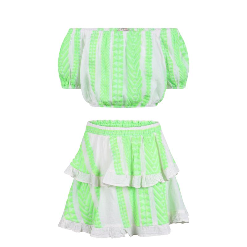 Devotion Geometric print cold shoulders cropped blouse and tiered ruffled skirt set in neon green and white