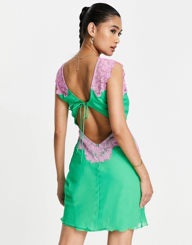 ASOS DESIGN soft slip mini dress with contrast lace and tie back detail in  green and pink  On Sale Now with Up to 75% Off | Discover Exclusive Deals  & Savings